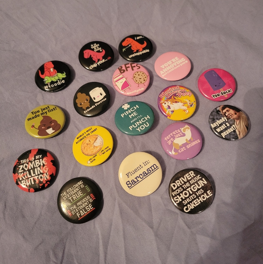 Funny Button Pin Collection! (X17) Silly Quotes Jokes & Movie Lines
